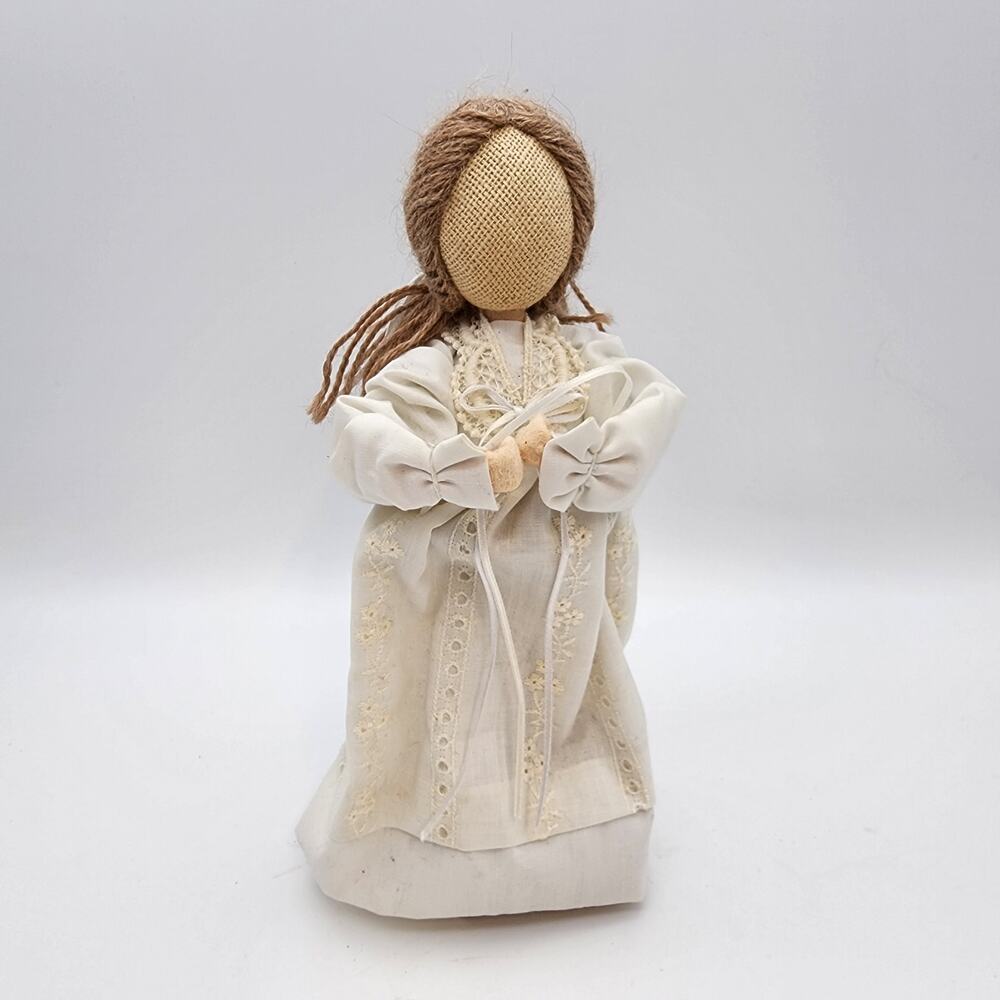 Vintage Motanka Faceless Angel Cloth Doll Figurine 10" White Dress Yarn Hair
